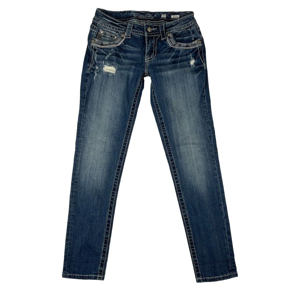 Miss Me Jeans Womens Blue Cuffed Skinny Distressed Low Rise Jeans Size 27
